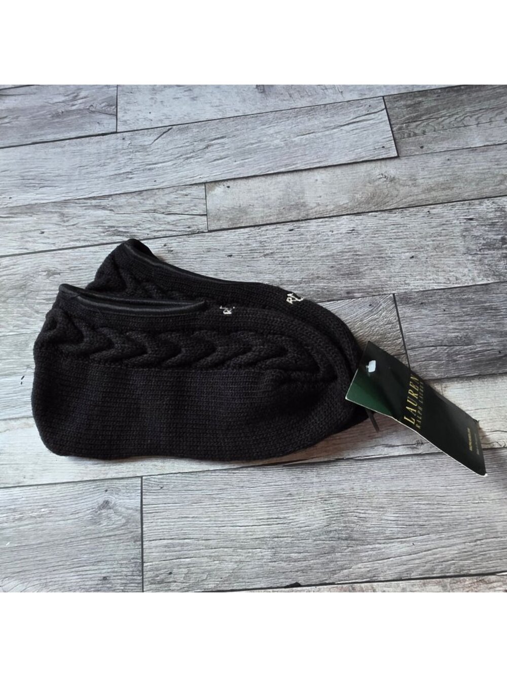 Lauren Ralph Lauren Black Knit Cable Slippers With Leather Trim & RL Logo